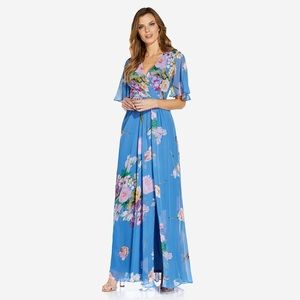 Adrianna Papell Sz 4 Blue Floral Chiffon Dress Formal Maxi Flutter Sleeve